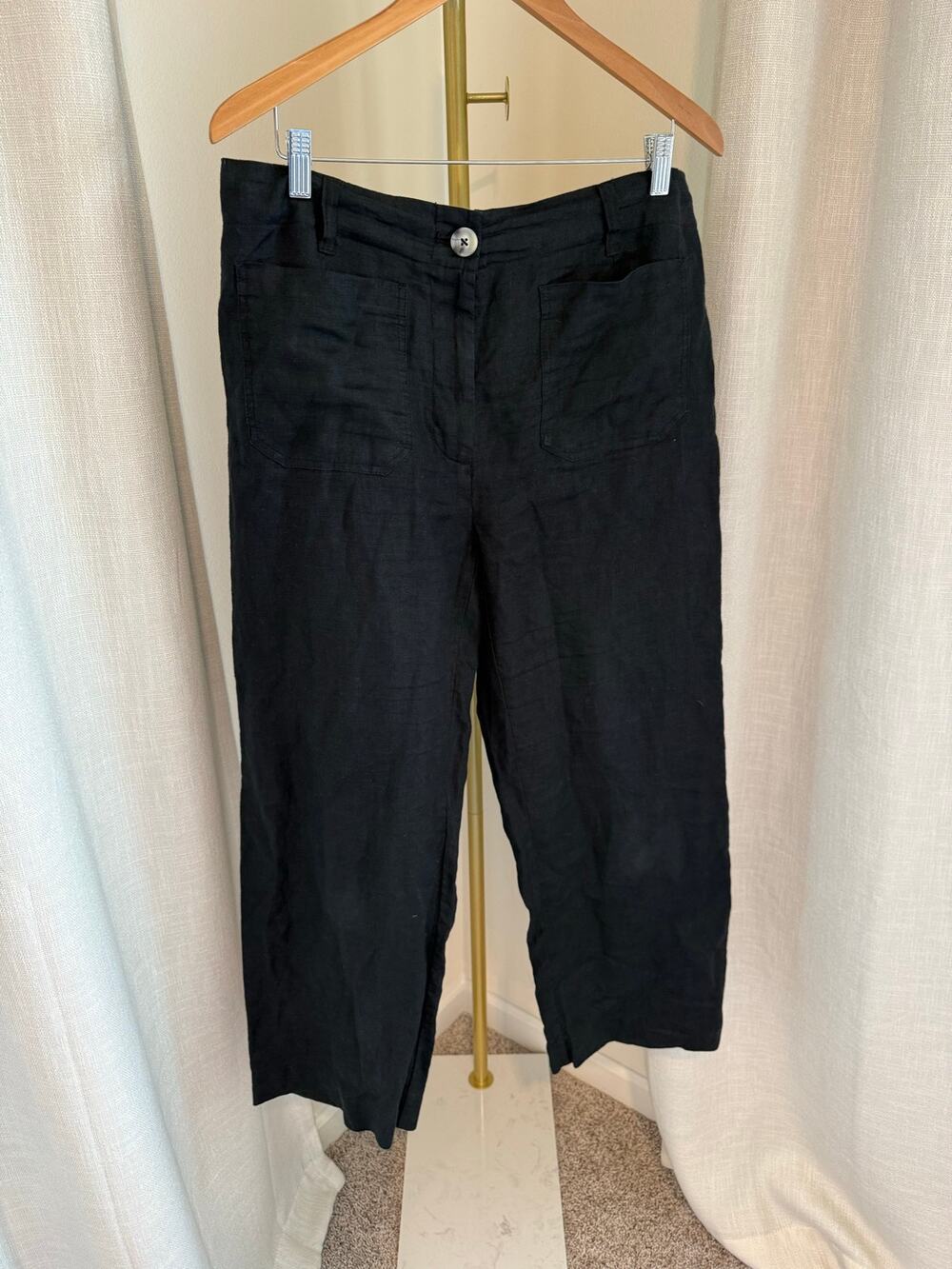 Quince Cropped Wide-Leg Pants Women's Size 14 Black 100% Linen Patch Pockets